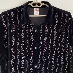 Vintage Disney Velvet Shirt Shacket Mickey Mouse Button Up Floral Embroidery XL